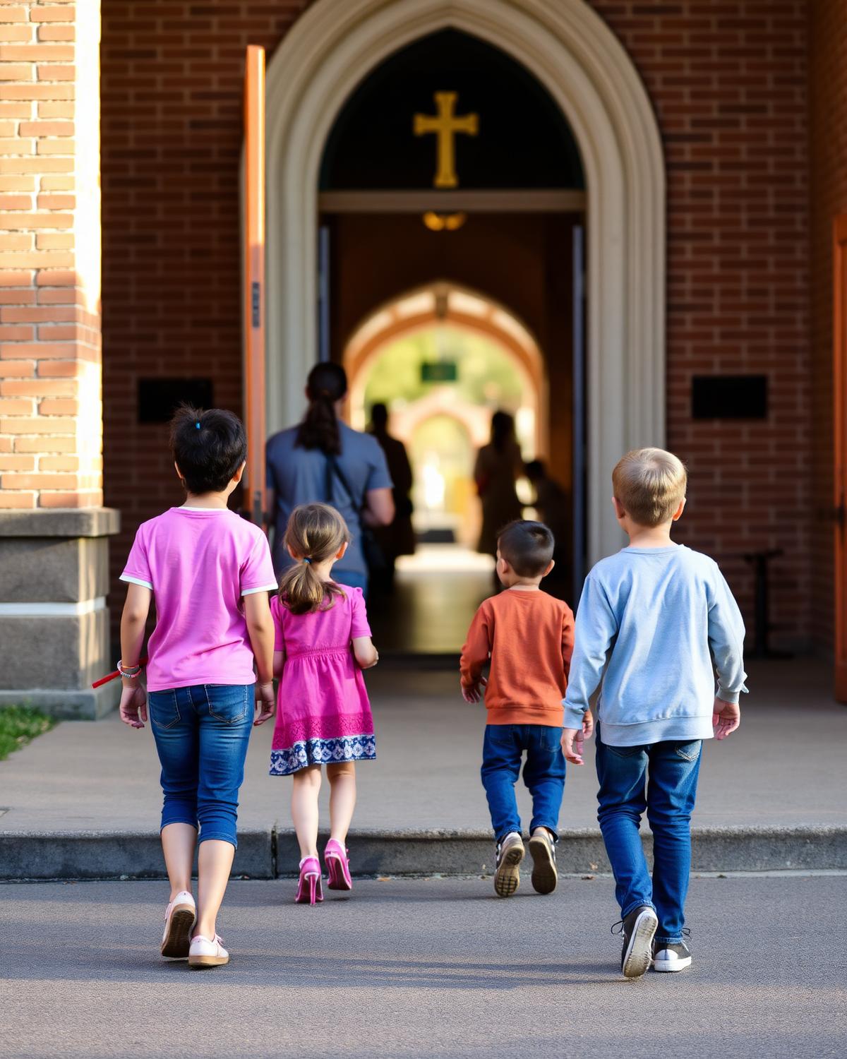 Famílias chegando para o culto
